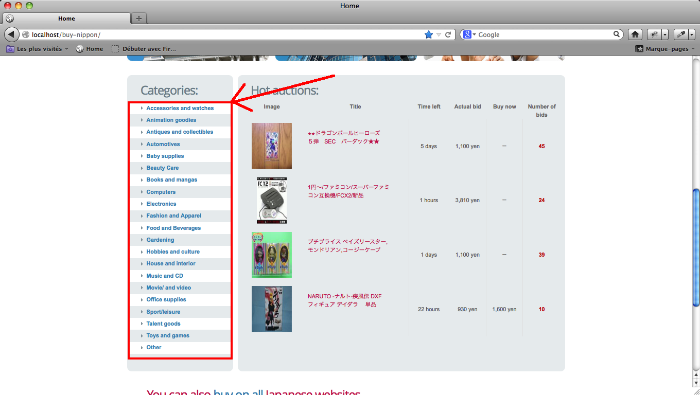 enchérir sur Yahoo auction, utiliser les catégories